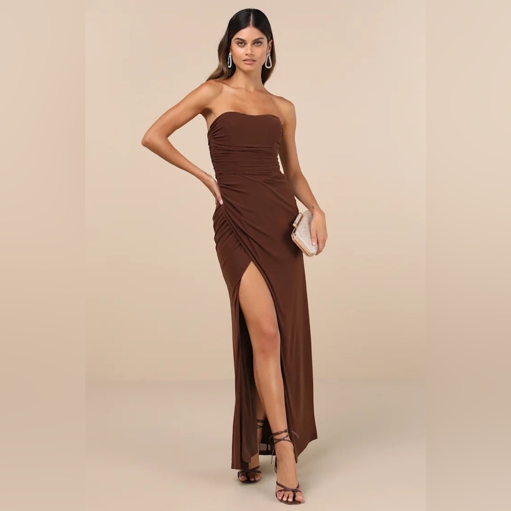 Lulus Brown Ruched Gown with Slit